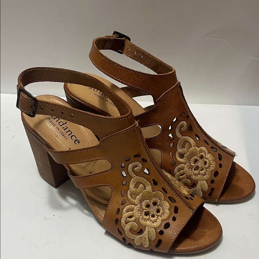 Sundance Brown Sandals with Floral Cutouts Sz 9 Women Chunky Heel - Picture 4 of 8